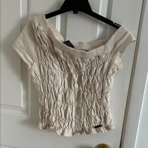 Baby Phat Cream Smocked Off-Shoulder Y2K Top